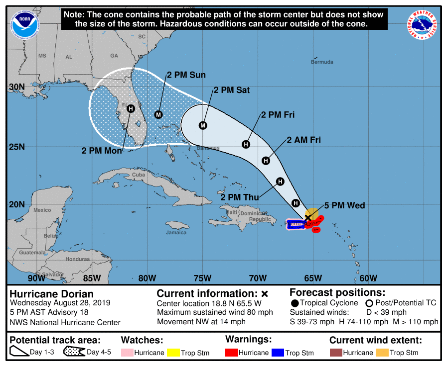 mikeseidel's tweet photo. Prepare now for a major Cat. 3 #hurricane landfalling on Florida's east coast over Labor Day Weekend.  Here's the 5 PM forecast track for #Dorian from @NHC_Atlantic &amp; advisory:
https://t.co/C7lhH4ck4h
We have the latest on the #weatherchannel
#HurricaneDorian
#Tropics
#FLwx https://t.co/D3mjBGPYwY