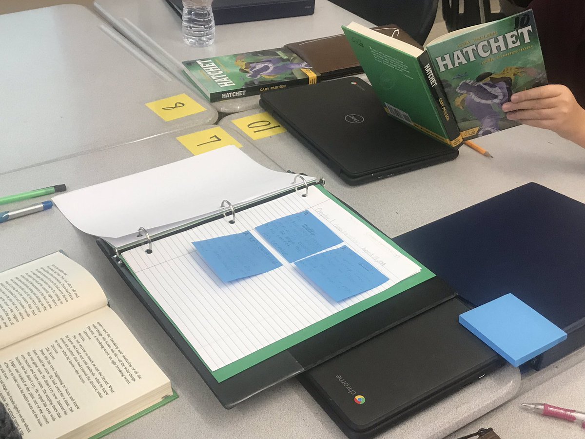 alaperouse's tweet photo. Annotations on sticky notes for Hatchet day 1! #CCSSLeads https://t.co/IrLoI962HX