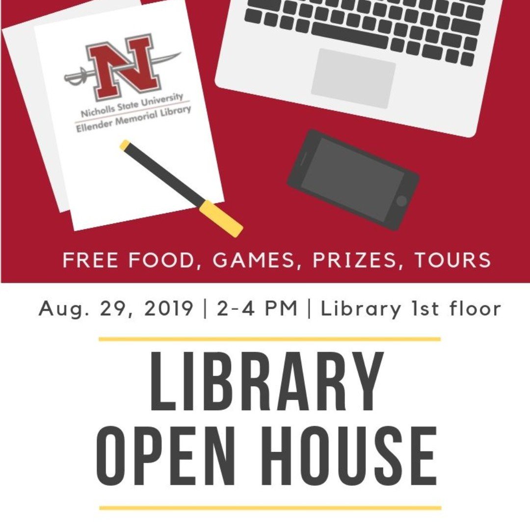 NichollsLibrary's tweet photo. Hey @NichollsState are you enjoying #ColonelFest? Don't forget to stop by the #NichollsLibrary TOMORROW for our open house! There will be free food, tours, games, &amp; prizes. Don't miss out! 
#LibraryLife #NichollsState #GeauxColonels https://t.co/e4kEXe0kR7