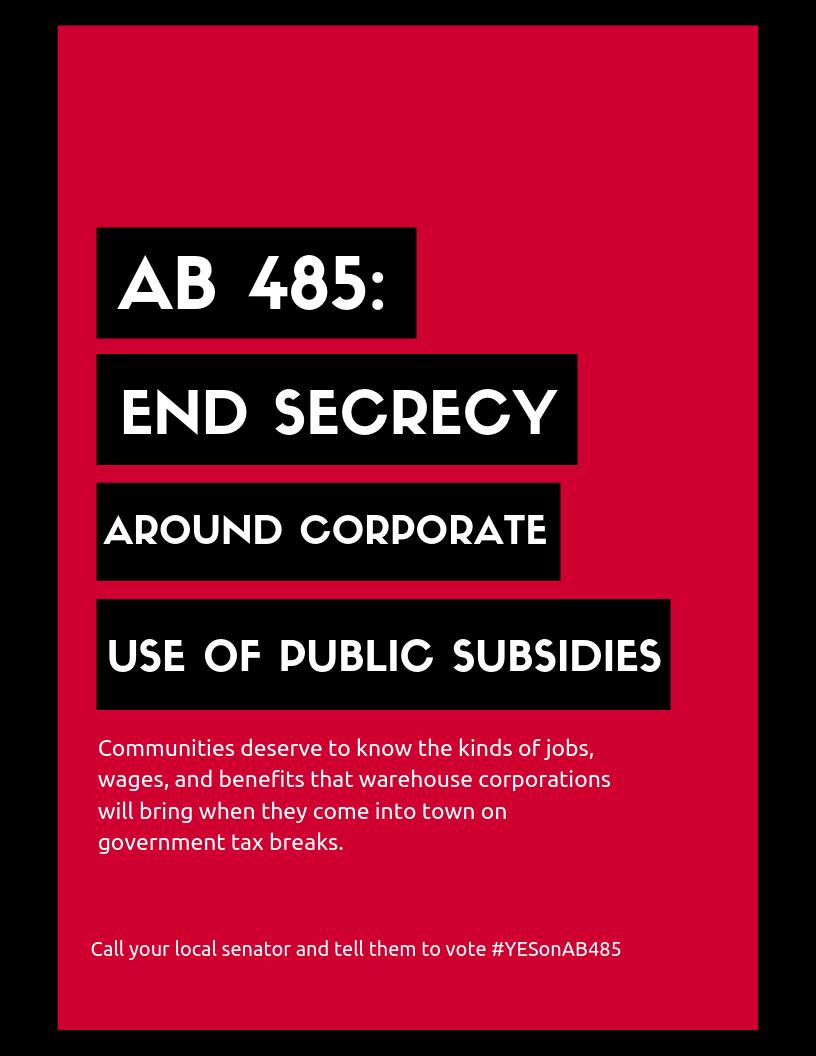 wwunited's tweet photo. This Friday, the CA Senate will vote on #AB485, a bill to build more accountability and transparency when corporations and their warehouses move into town. Call your local senator and urge them to vote #YesonAB485. https://t.co/44FOjQzkTE