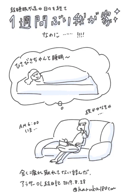 久々の睡眠を棒に振って、今部屋で静かに泣いてます
疲れ取れない…

(出張のため簡易絵日記です) 