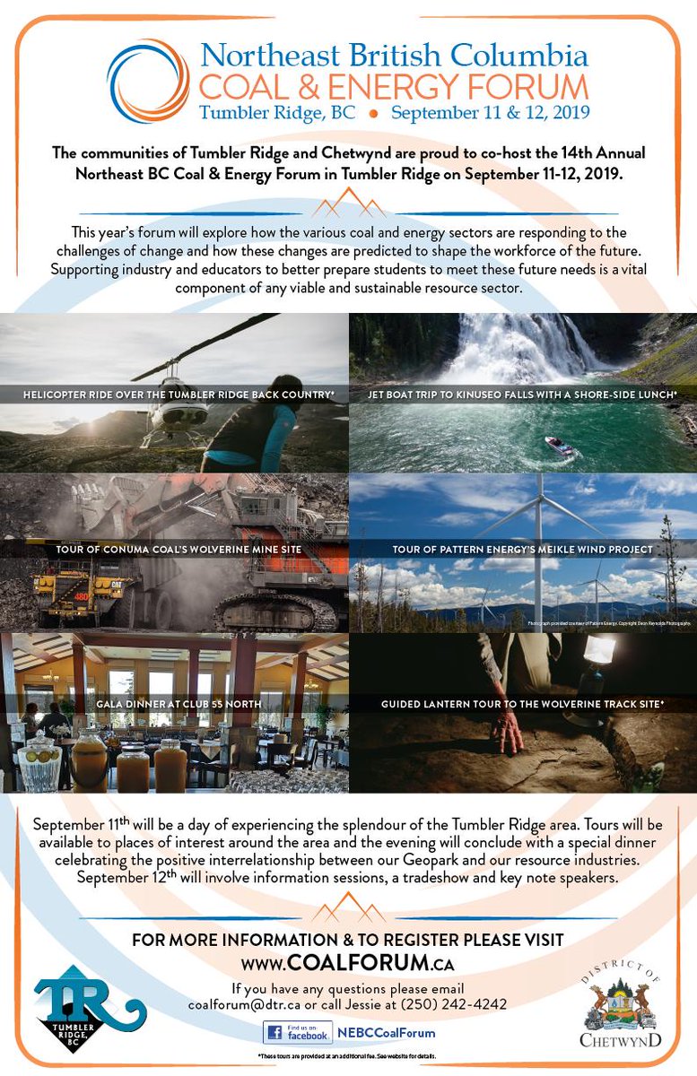Invest__TR's tweet photo. Two weeks until the 14th Annual Northeast BC Coal &amp; Energy Forum in Tumbler Ridge, BC!
Register now at https://t.co/KXUFeH5WUn https://t.co/lQWeMUY2KU