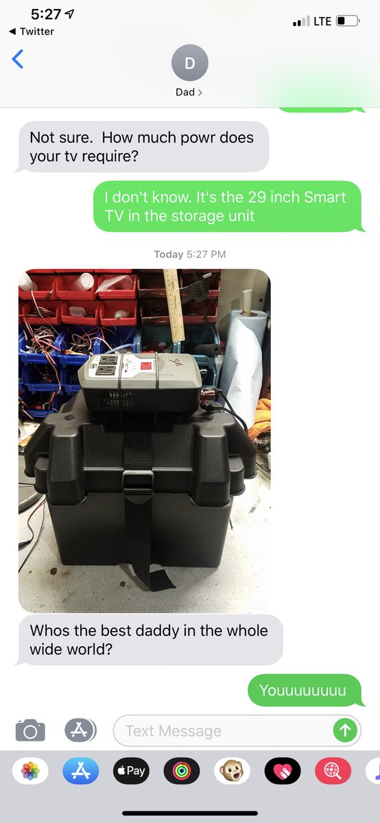 Elizabeth_A2017's tweet photo. Conversation with my dad earlier about an inverter/ generator for tailgating and the text I just got from my dad ๐๐ป #BestDadEver #HandyAF https://t.co/iogpNdKnMw