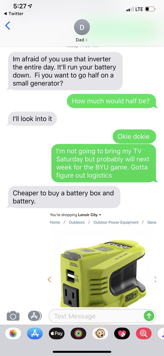 Elizabeth_A2017's tweet photo. Conversation with my dad earlier about an inverter/ generator for tailgating and the text I just got from my dad ๐๐ป #BestDadEver #HandyAF https://t.co/iogpNdKnMw