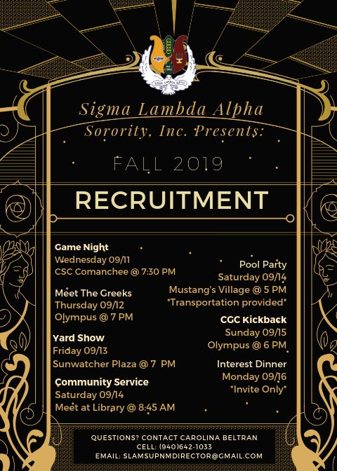 MSU_SLA's tweet photo. Let’s party like Gatsby and join us for a week of extravagant recruitment events! if you have any questions slide into our DMs! If you join a panhellenic sorority then they are unable to join a CGC sorority #SigmaLambdaAlpha #academics #sisterhood #communityservice #MSUTexas23 https://t.co/6FHku39rfH