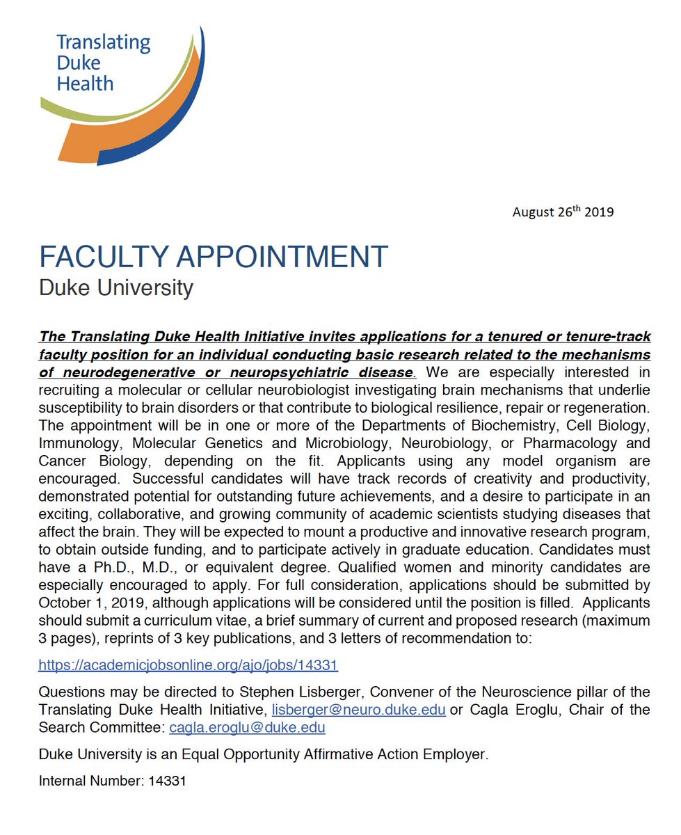 Cagla Eroglu (@c_eroglu) on Twitter photo RT: We are recruiting!
<a href="/DukeU/">Duke University</a> TDH Initiative Neuroscience pillar is looking for a molecular cellular neurobiologist investigating brain mechanisms underlying susceptibility to neurological disorders or that contribute to resilience, repair or regeneration.
academicjobsonline.org/ajo/jobs/14331 RT: We are recruiting!
<a href="/DukeU/">Duke University</a> TDH Initiative Neuroscience pillar is looking for a molecular cellular neurobiologist investigating brain mechanisms underlying susceptibility to neurological disorders or that contribute to resilience, repair or regeneration.
academicjobsonline.org/ajo/jobs/14331