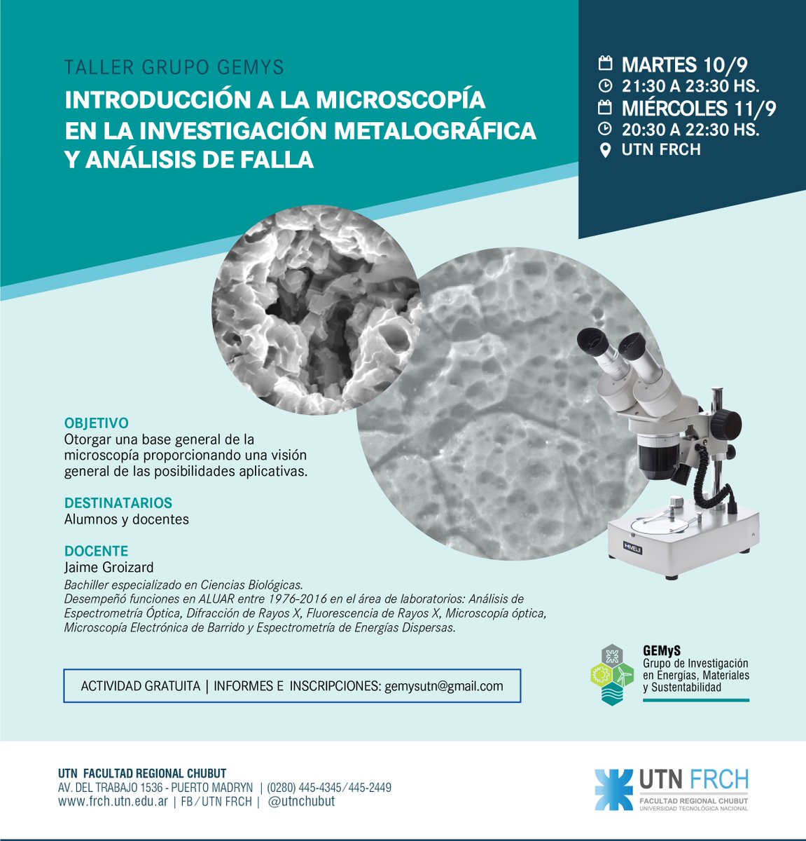 UTNChubut's tweet photo. Próximo taller del Grupo #GEMyS en #UTNChubut
"Introducción a la microscopía en la investigación metalográfica y análisis de falla" a cargo de Jaime Groizard.
Martes 10 y miércoles 11 de Septiembre.
#Ciencia #Microscopía #Capacitación
#ActividadGratuita para alumnos y docentes. https://t.co/cB8SFVMMUy
