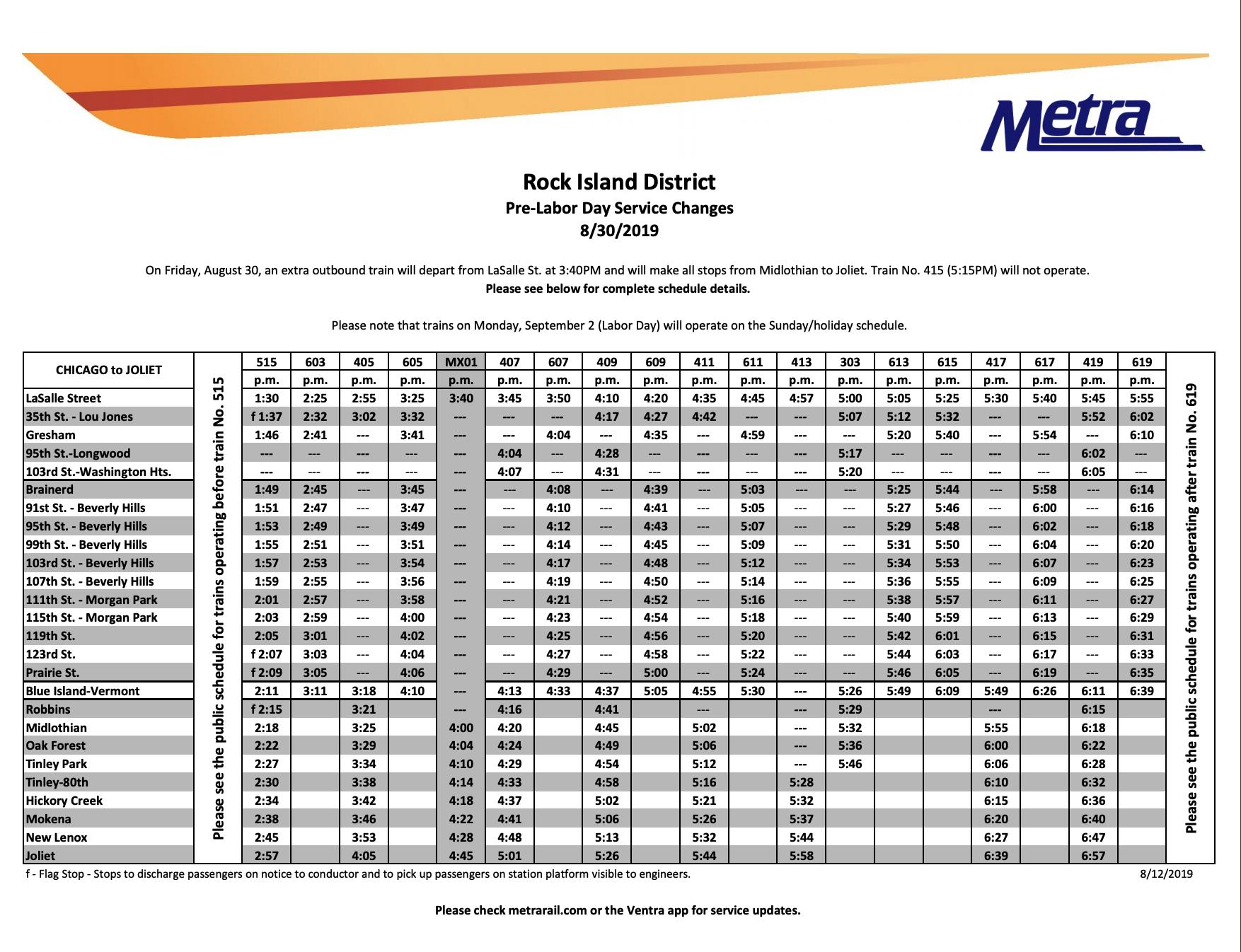Metra Rock Island on Twitter "Early Getaway schedules (including added