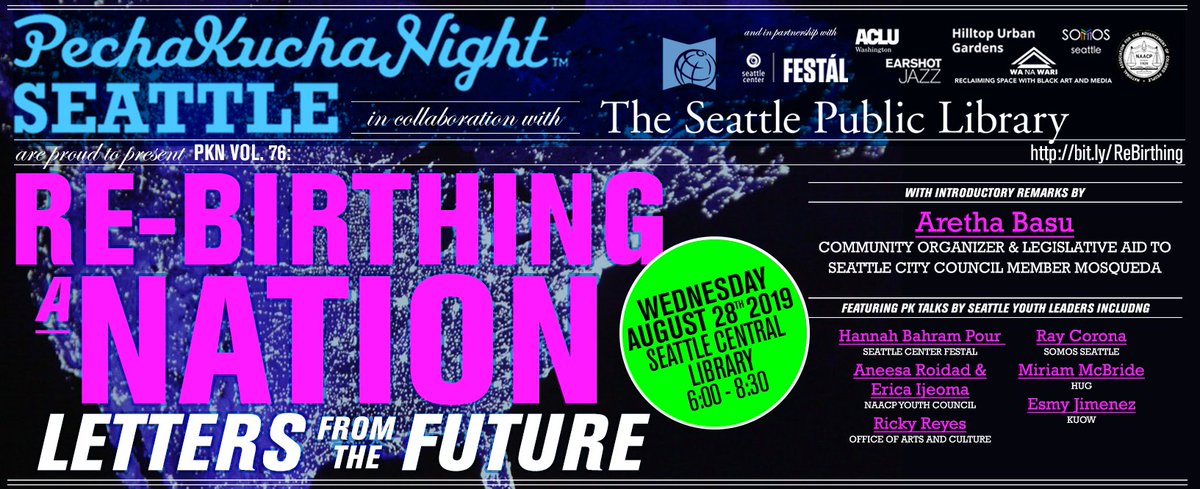Tonight's the night! Join <a href="/SPLBuzz/">Seattle Public Library</a> and PK Seattle for Re-birthing A Nation: Letters from the Future featuring outstanding talks and performances by some of our region's most inspiring youth leaders. bit.ly/ReBirthingANat… <a href="/seattlekcnaacp/">Seattle King County NAACP</a> <a href="/ACLU_WA/">ACLU of Washington</a> <a href="/SomosSeattle/">Somos Seattle</a> <a href="/KUOW/">KUOW Public Radio</a>