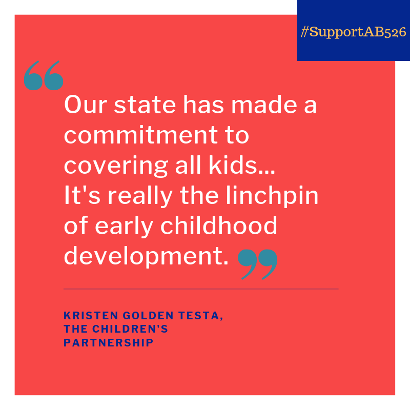 KidsPartnership's tweet photo. @Portantino AB 526 carries out CA's commitment to covering all children, and with a federal 90/10 match for the system change, now is the time for smart, cost-effective solutions that maximize coverage, minimize barriers and keep kids healthy! #SupportAB526 https://t.co/gfY3zE5bcY