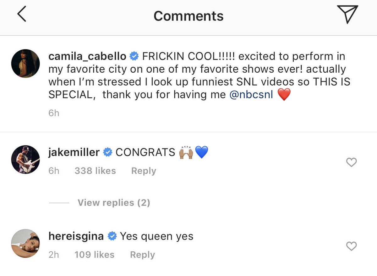 .@jakemiller and @HereIsGina commented on Camila’s post on Instagram