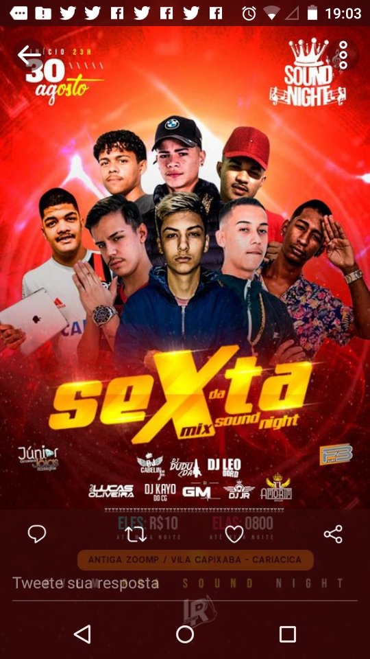 MenorTcho's tweet photo. Sexta mix da sound night            

ATRAÇÕES:
 Sexta Mix
DJ GM
DJ Kaio CG 
DJ JR
 DJ Lucas Oliveira
  Dj Leo do RD
  Dj TL amorim  
  Dj Dudu da Torre 
Dj cabelinho do mn
  
   Lembrando que : Eles 10 Reais Até A 00:00H  

 Lembrando: Elas 0800 Até A 00:00H https://t.co/2IGzh8KZS0