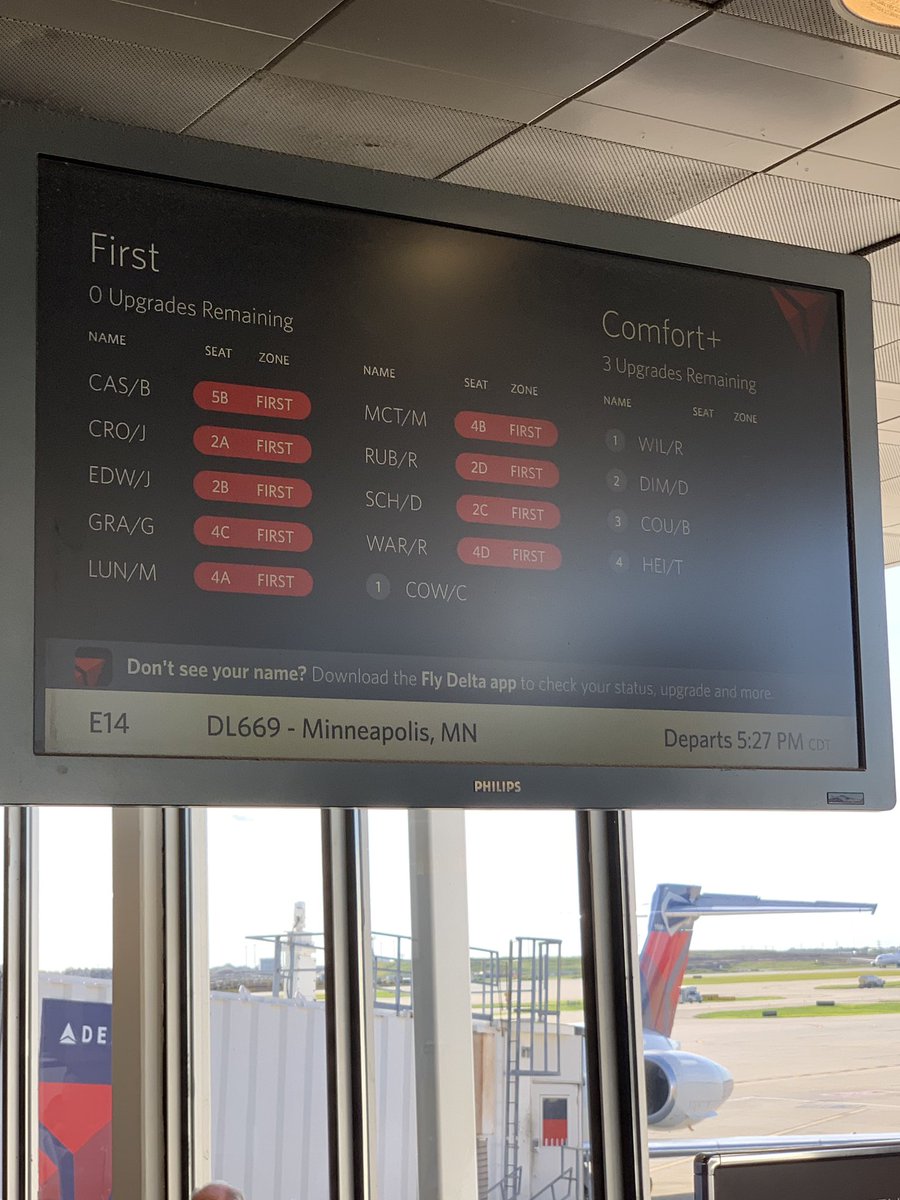 CHESTPrez's tweet photo. The mysteries of the 1st Class upgrade.....You can travel to 5 continents this yr, flown millions of mi & still be the 1st on the list to not get an upgrade from ORD to Mpls. π³ Oh well, last I checked main cabin arrives the same time as up front! #traveling #upgradefail @Delta https://t.co/zARLJCpNmS