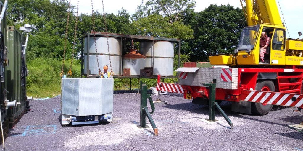 One of the great things about the REDIRECT project (re-direct-nwe.eu) is that we get to play with some big toys! The screw press unit had to be hoisted up onto its legs to allow room for the press cake to drop out underneath and be collected for pyrolis.