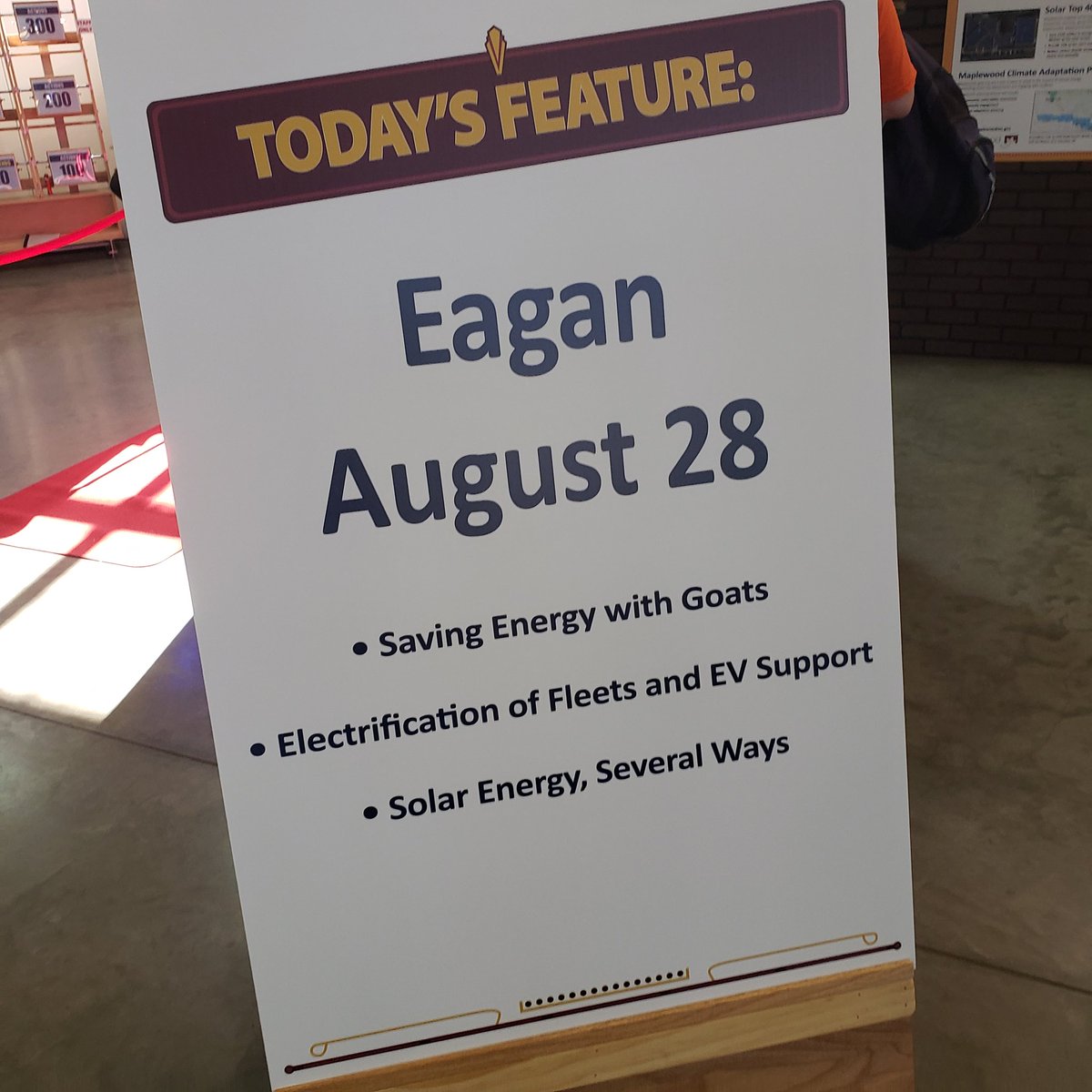 CabotMN's tweet photo. I just met Sue, David, and Stacy from @CityofEagan in the Eco Experience Clean Energy Communities display. Stacy is chair of the Eagan Energy & Environment Advisory Commission and David's in his 1st yr. Stop by to learn how goats=energy savings! #MnCities #GreenStepCities https://t.co/cuOYSYkriL