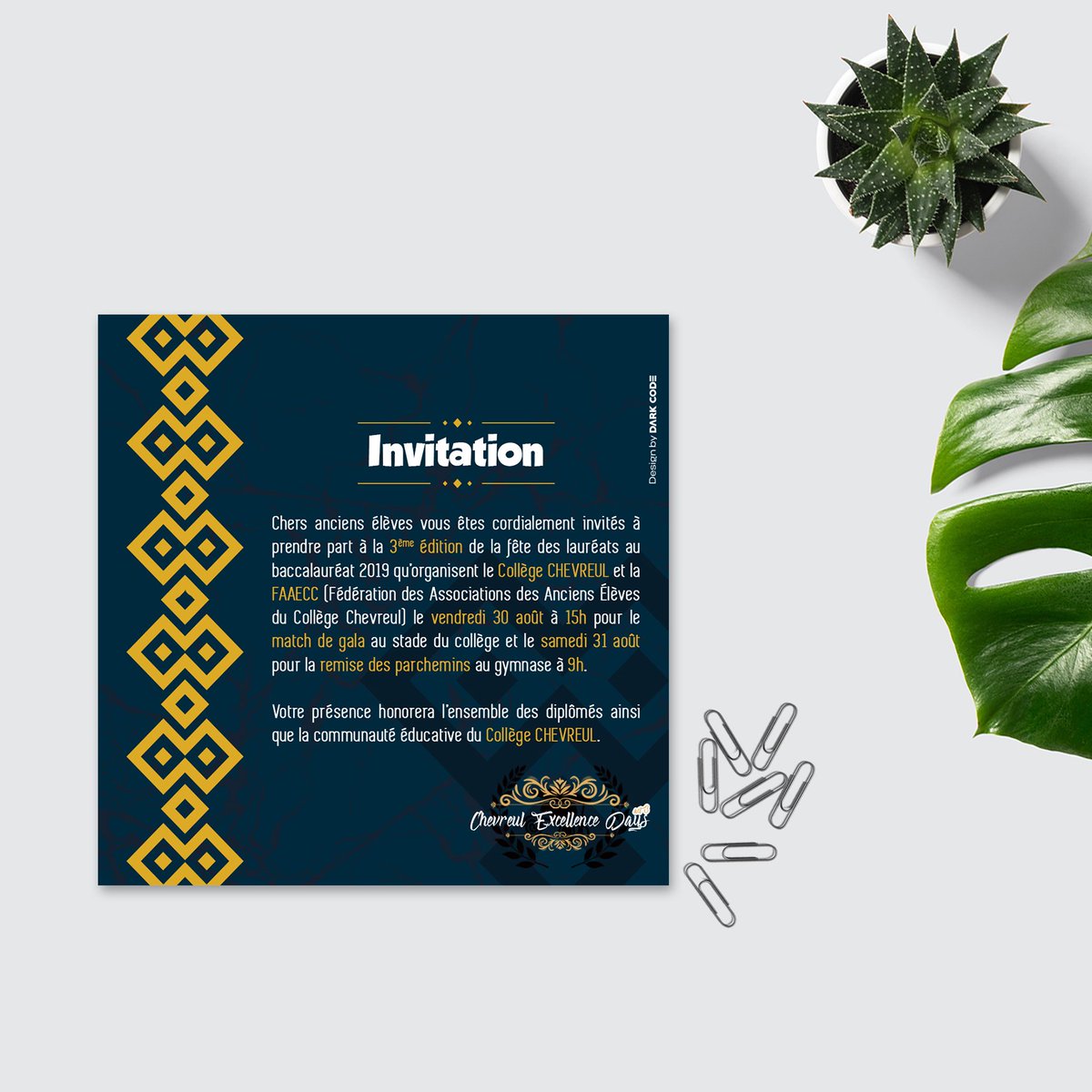 DarkCodeCompany's tweet photo. Découvrez le billet d'invitation que nous avons réalisé pour la 3ème édition du "Chevreul Excellence Days", l’événement annuel qui prime les élèves lauréats aux examens du Collège Chevreul.
#OurLatestWork #Design #Dark_Code #InvitationCard https://t.co/fMB4LrNOoD