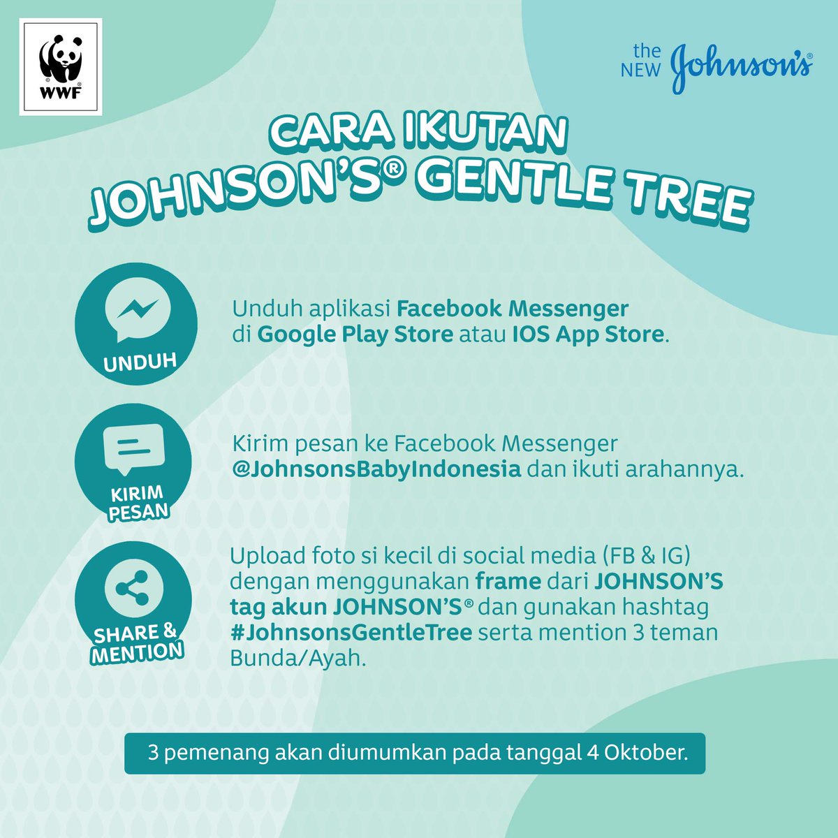 WWF_ID's tweet image. Kamu akan dapat sertifikat digital pohon dengan nama si kecil dari #WWFID, 3 pemenang beruntung juga akan mendapatkan hadiah produk JOHNSON’S® selama 1 tahun. Periode kontes sampai 30 September 2019. Yuk, ikuti kontesnya dan buat dunia jadi lebih lembut bagi masa depan si kecil!