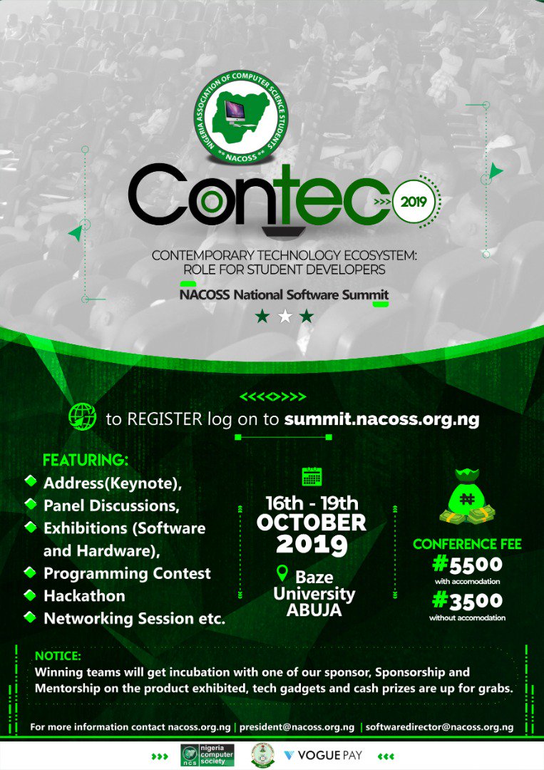 NacossW's tweet photo. Where will you be on the 16th - 19th of October 2019? Am Sure you won't want to miss this for anything...
@NACOSSFUNAAB @NacossNorthwest @itssadon @LasuNacoss @LASUDevs @nacoss_eksu @Nacoss_Unilag @nacoss_national @ncsogun @voguepay @NacossLautech @NacossCU https://t.co/9oFoWjtdQe
