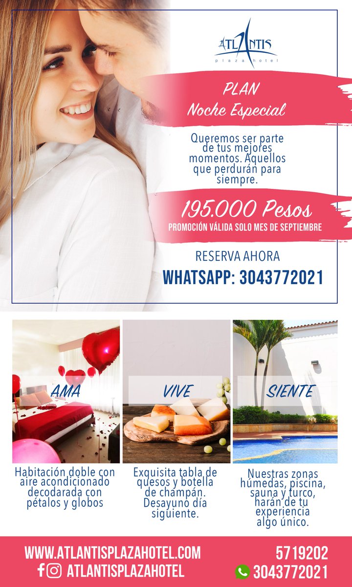 HotelAtlantisCu's tweet photo. Celebra con tu pareja al mejor precio en septiembre. Te presentamos nuestra Plan Noche Especial. Promoción válida solo para el mes del amor y la amistad. Reserva desde ya.
Whatsapp: https://t.co/VFA8mRkaML
#Cúcuta  #Hoteles #Septiembre #AmorYAmistad #PlanesCúcuta #ParejasCúcuta https://t.co/azC5dqkQeD