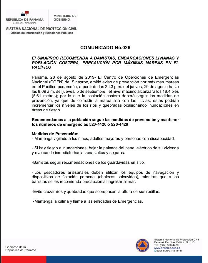 Sinaproc_Panama's tweet photo. #AvisoDePrevención del 29 de agosto al 5 de septiembre por máximas mareas en el Pacífico panameño.
📌Zonas costeras, bañistas y embarcaciones livianas #Precaución https://t.co/T4xT45dXnT