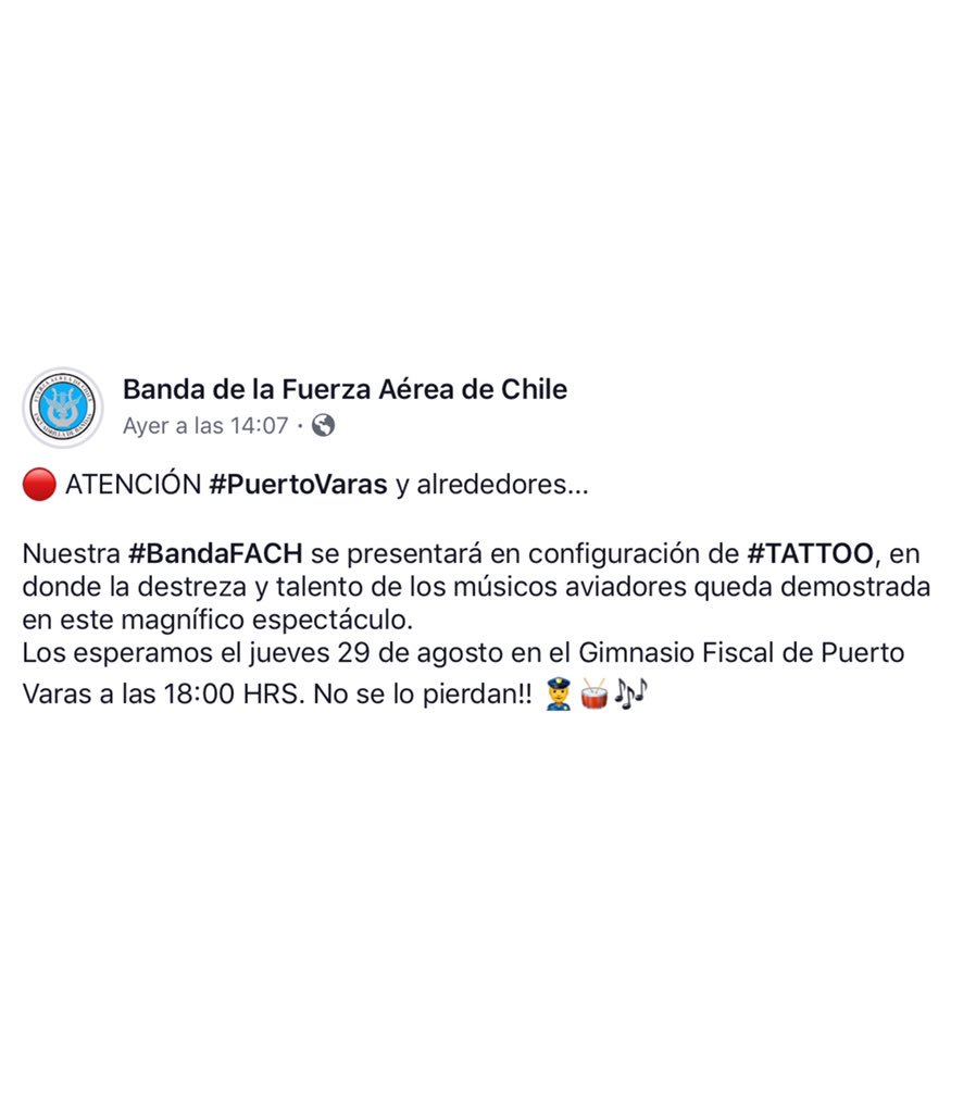¡Atención comuna de Puerto Varas!
Los queremos invitar al lanzamiento del sello artístico del Colegio Nueva Braunau. 
Los esperamos a todos MAÑANA a las 18:00 en Gimnasio Fiscal de Puerto Varas.
Además estará presente la <a href="/BandaFach/">Escuadrilla de Banda</a> en Modalidad tatto.
¡Nos vemos!