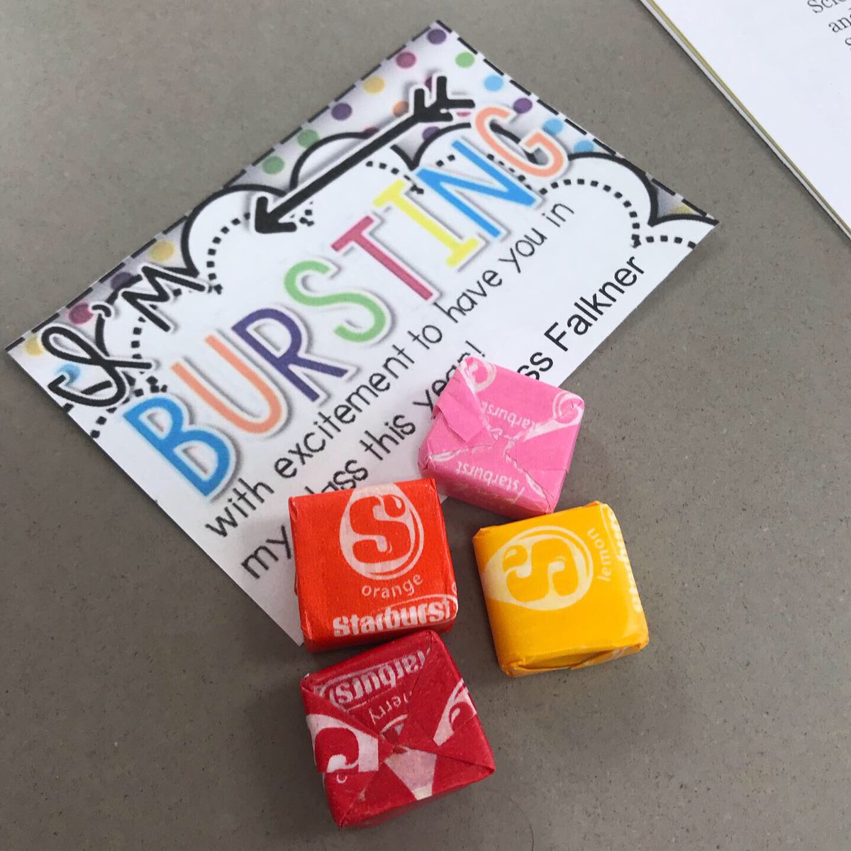 heatherfalkner's tweet photo. A fun little saying and treat for my kiddos, as I met them at Back-to-School night tonight. #lotsofsmiles #welcometomyroom #backtoschoolnight #burstingwithexcitement #starburst #teachersofinstagram #teacherstyle #teachersfollowteachers #teacherlife https://t.co/1rnzdu5cFc