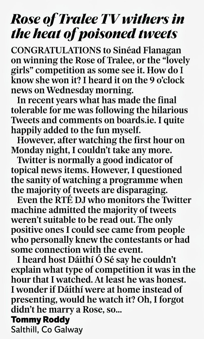 TommyRoddy's tweet photo. My reflections on the Rose of Tralee as printed in today's Irish Independent #RoseofTralee #bullshit #crap #puke #vomit #lostthewilltolive #lovelygirls #fatherted #eringobrach #timetosaygoodnight #christ #holymoses #gomatawiney #atleastbtexitisntasbad #saiditall https://t.co/xF50is0AQ2