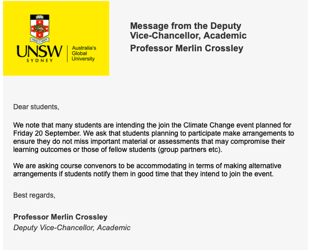 UNSWEnviro's tweet photo. @UNSW Management has listened to student organisers and released a letter to ALL students explaining how we can attend the strike without penalty!

This is an amazing win for the #climatestrike and all  students fighting for our future💪
#SchoolStrike4climate #September20 https://t.co/QUVmCBEuJB