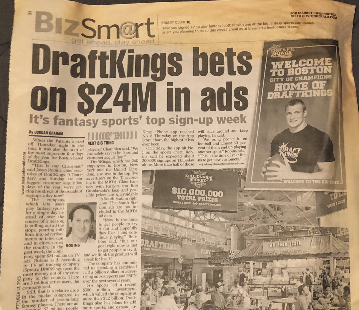 EShibutani's tweet photo. Just found this article while cleaning out my room to get ready to move on Sunday... that takeover of South Station was one of my first (and still favorite) campaigns since joining @DraftKings 4 NFL seasons ago. Bring on the 5th! https://t.co/J3JWJbhoOa