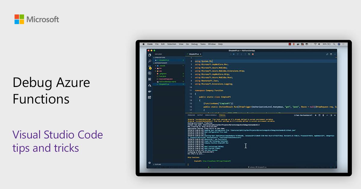 VisualStudio's tweet image. In this edition of #AzureTipsandTricks, learn how to debug Azure Functions with Visual Studio Code. Watch: msft.social/Et8cBv