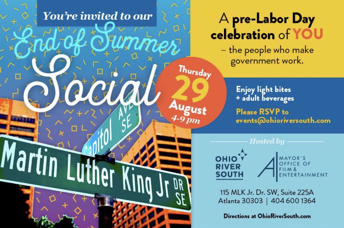 Join the ORS Staff and the <a href="/ATLFilmEnt/">ATL Film and Entertainment</a> for a pre-Labor Day Celebration in recognition of those who make government work. Kick off the holiday weekend with light bites, craft beers, and classic cocktails on Thursday, August 29th from 4-9 P.M. #atlpol #gapol #LaborDay
