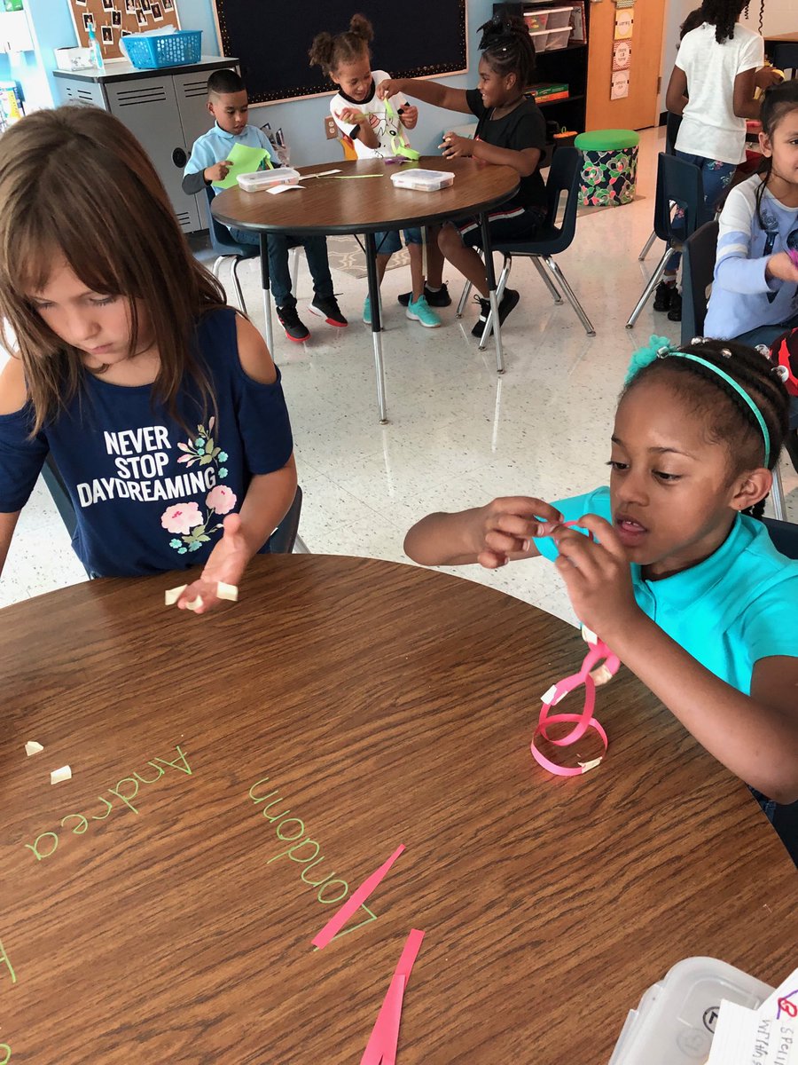 MissSchmalbeck's tweet photo. Can you make the longest paper chain using only one sheet of construction paper? Students worked in groups to come up with a strategy to build the longest paper chain! ⁦@GroveElementary⁩ #EngagedEagles https://t.co/9rM7QIt5tC