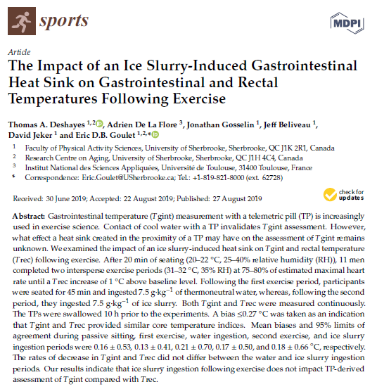 #mdpisports The Impact of an Ice Slurry-Induced Gastrointestinal Heat Sink on Gastrointestinal and Rectal Temperatures Following Exercise 
mdpi.com/2075-4663/7/9/…