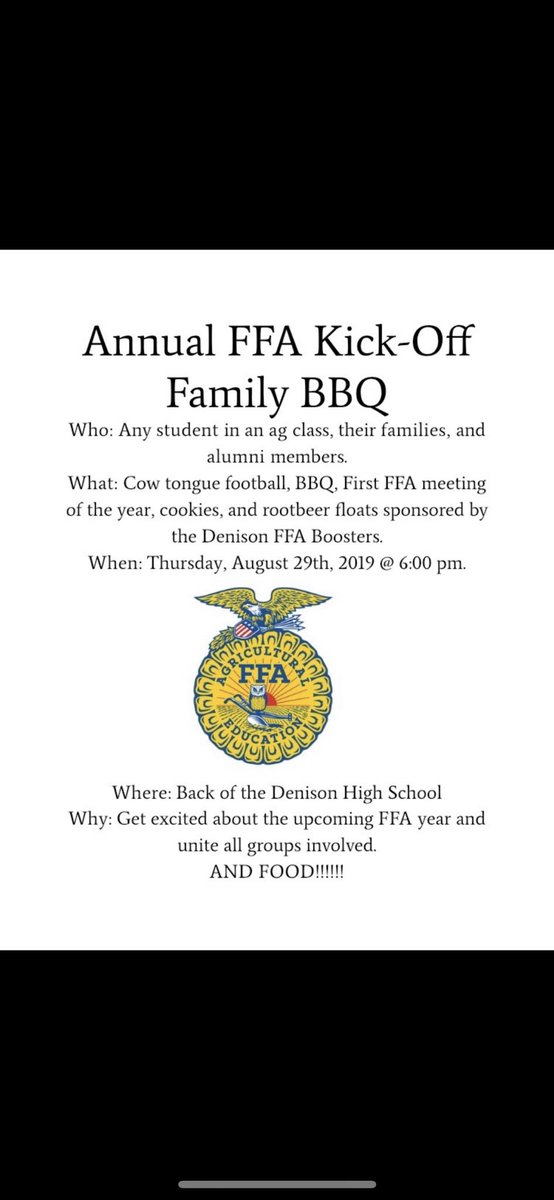 denison_ffa's tweet image. Don’t forget! Tomorrow is our annual FFA Kick-Off Family BBQ! The BBQ is open to any student enrolled in an Ag class, FFA members, and their families. We can’t wait to see you tomorrow night at 6:00 behind the school!
