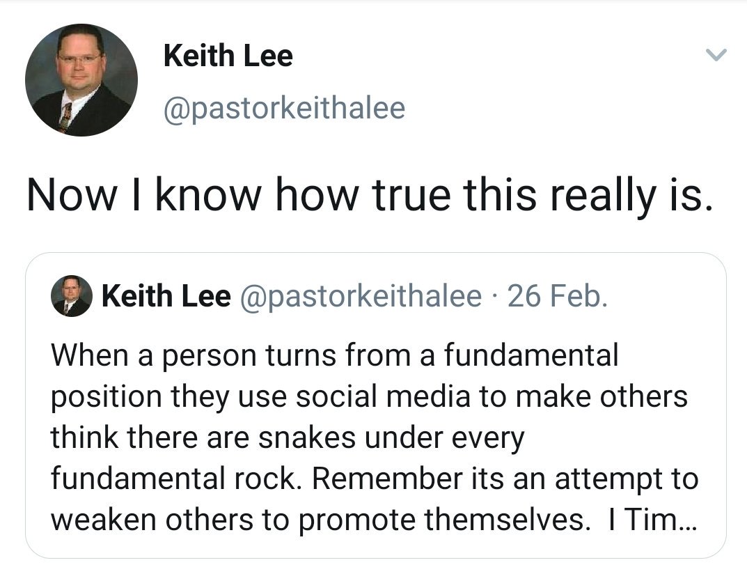 dr_hamblin's tweet photo. I see now that Bro Keith's discernment is REAL. Apparently I'm an angry ex-fundamentalist who wants to tear him down.
Nah Bro. I was legit trying to help you see your arrogance and hypocrisy through parody in order to help you grow in the Lord.
#DontQuestionTheMOG
#IFBSubtweets https://t.co/R8CeGrOR1A