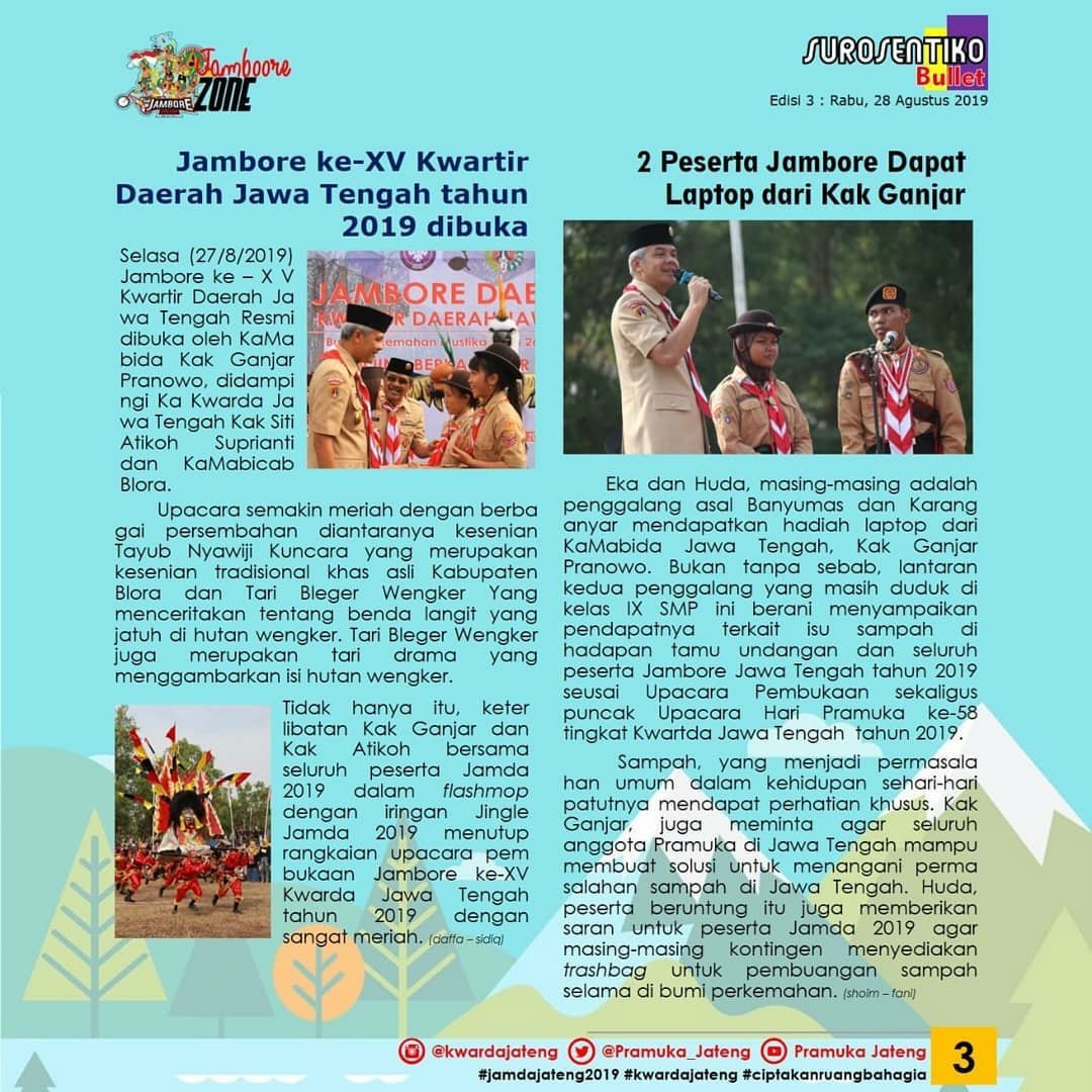 Pramuka_Jateng's tweet photo. Edisi III Surosentiko Bullet udah terbit 😎. Ada apa saja sihhh kegiatan di hari ke-2? 
#kwardajateng #dkdjateng #jamdajateng2019 #Jamda2019 #PramukaJateng #JatengGayeng https://t.co/unWxjEoiNG