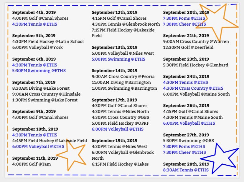 Created by one of our amazing athletes, a list of all games this September. Make sure to mark your calendars!! 
Home games in blue.