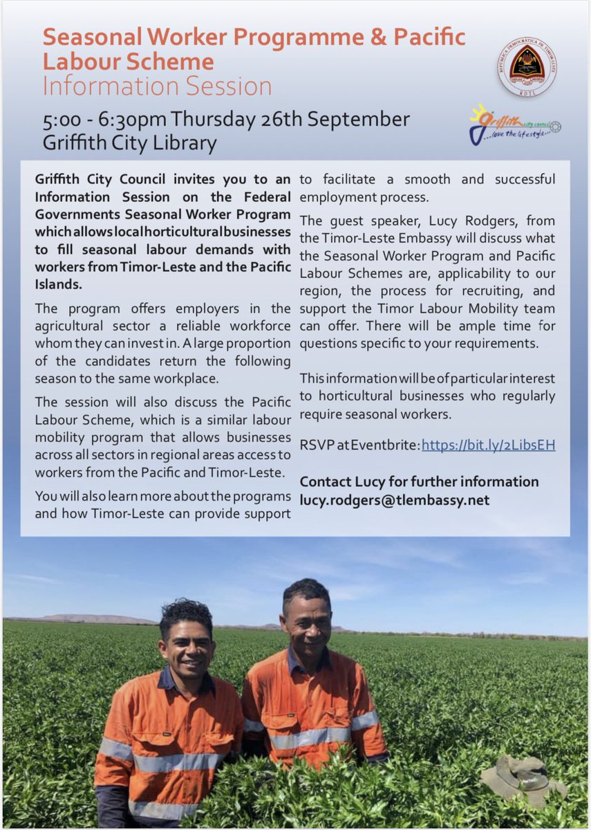 Timor is hosting an info session in Griffith, NSW, on 26th Sep. If you would like to know more on the SWP, PLS or Timorese labour, or need workers for your business, come along! 🇹🇱🇹🇱
#swp #pls #timor