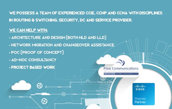 flowtransform's tweet image. We have a team of experienced CCIE, CCNP and CCNA technical architects that can help with Cisco projects. Contact us to discuss your requirements further. hubs.ly/H0knjhB0 #cisco, #ciscoprojects, #ciscotechnicalsupport