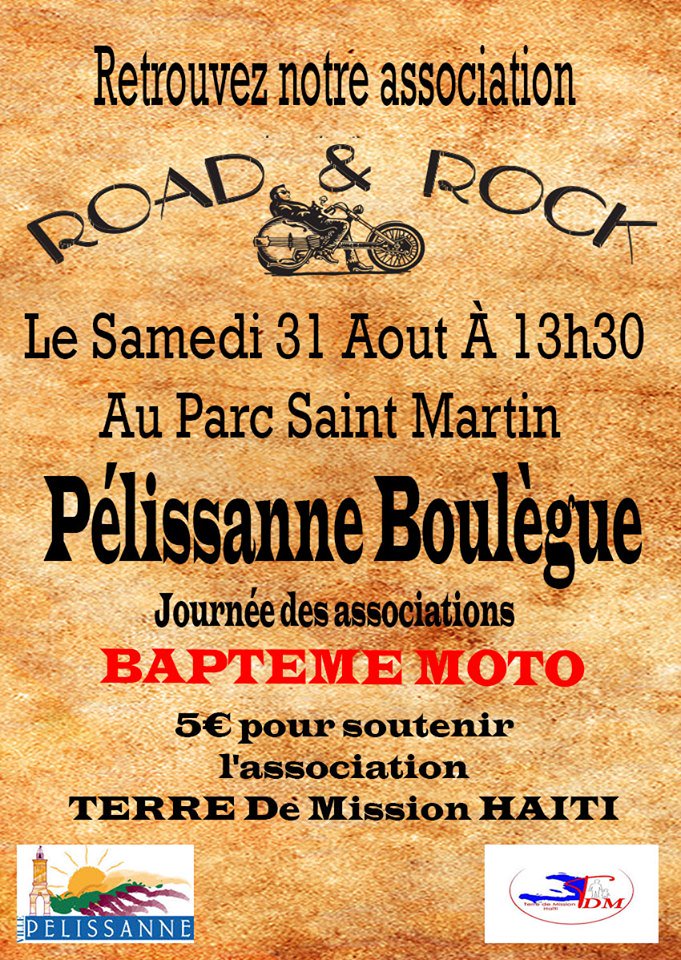 Asstdm1's tweet photo. Bonjour à toutes et tous, baptême à moto samedi 31 août à Pélissanne par l'association Road and Rock au profit de Terre de Mission Haïti. Venez nombreux. Bonne journée. https://t.co/KY31tOy4EG