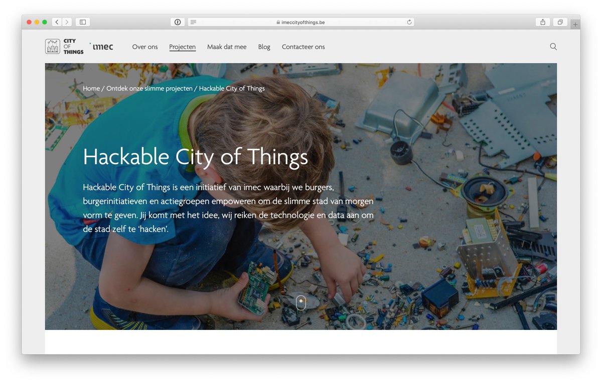 Met <a href="/imec_int/">imec</a> "Hackable City of Things" willen we burgerinitiatieven empoweren om de slimme stad van morgen vorm te geven. Jij komt met het idee, wij reiken de technologie en data aan om de stad zelf te ‘hacken’. imeccityofthings.be/nl/projecten/h…