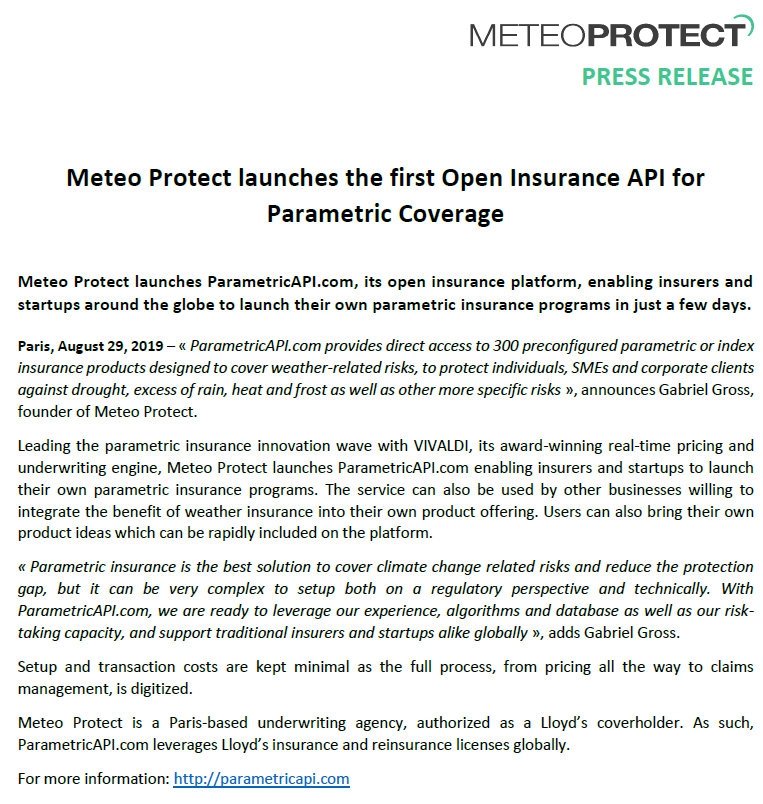 meteoprotect_en's tweet image. #MeteoProtect launches the first Open Insurance API for Parametric Coverage !

parametricapi.com provides direct access to 300 preconfigured parametric or #IndexInsurance products designed to cover weather-related risks !

#PressRelease #ClimateChange #Weather #WeatherRisk