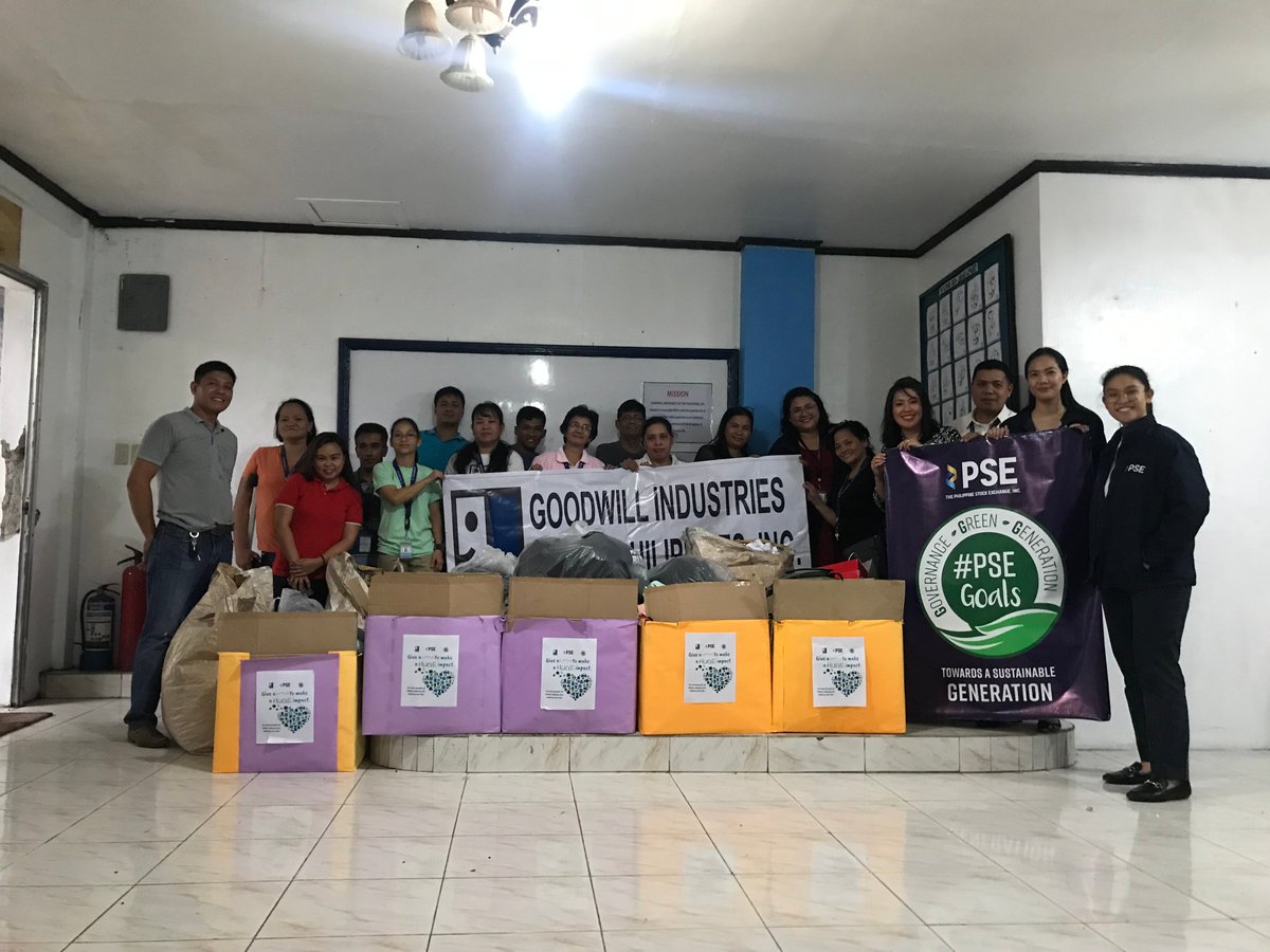 PhStockExchange's tweet photo. PSE employees donated various items to the Goodwill Industries of the Philippines. These donations will benefit PWDs, elderly, children-at-risk, and other social minorities of Taguig. This activity forms part of PSE’s Sustainability Program dubbed as #PSEGoals. https://t.co/X1oiQBjiHv