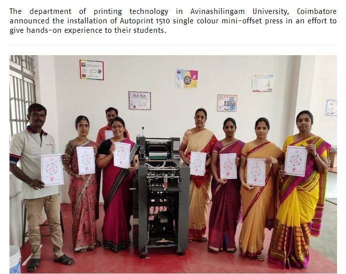 autoprint1992's tweet photo. SUCCESSFUL INSTALLATION OF AUTOPRINT 1510 COLT SINGLE COLOR OFFSET PRINTING MACHINE AT AVINASHILIINGAM INSTITUTE https://t.co/18BfK3gqGA