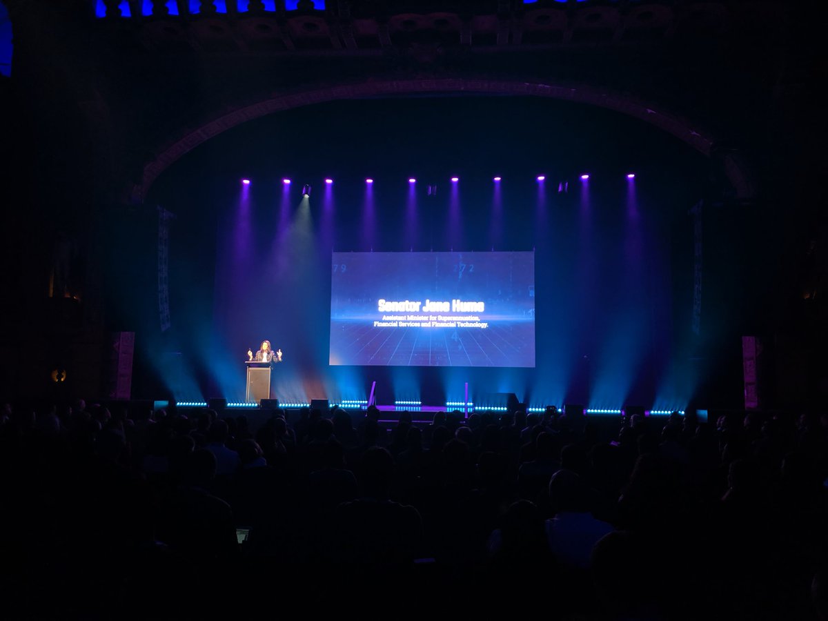 stevevallas's tweet photo. The Hon. @SenatorHume on stage at the Forum Theatre for @Sbootcamp demo day. Funny story about her last visit here too... #startupaus #startupvic #blockchainapac https://t.co/wZ58lYHzin