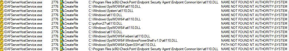 wugeej's tweet image. Check Point Endpoint Security Initial Client for Windows - Privilege Escalation to SYSTEM- CVE-2019-8790

IDAFServerHostService.exe
-&amp;gt;tries to load the atl110.dll
-&amp;gt;#Notexist
-&amp;gt;Load a missing DLL file from different directories within the PATH environment variable