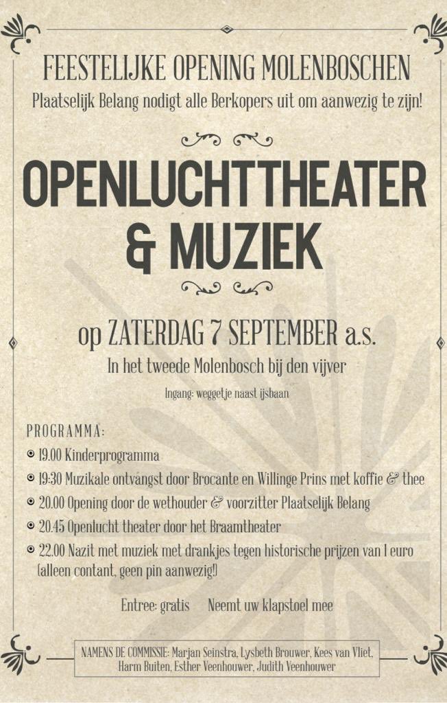 Op 7 september gaan we de molenboschen 
spectaculair openen! Er is theater, muziek en we gaan het bos ‘ombouwen’ in festivalstijl Echt leuk dus! Drankjes voor 1 euro: bier, wijn en fris. Iedereen is welkom! #Oldeberkoop