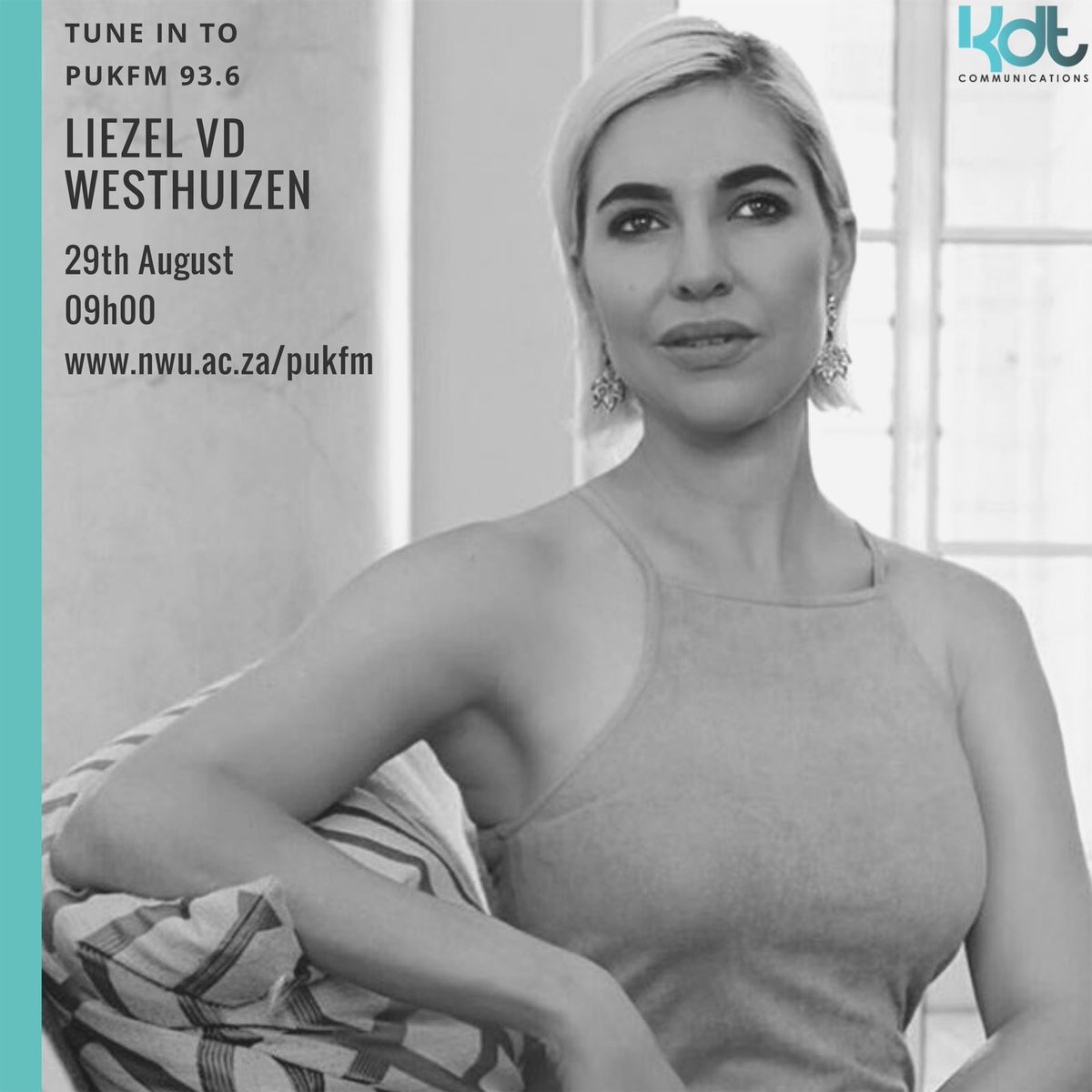 KDTAgencyZA's tweet photo. Catch Radio, TV/Media Personality &amp; Personal Brand Expert, @liezelv on @PUKfm936 TODAY, at 09:00, as she chats about personal branding, the giraffe brand and so much more! 

TUNE IN to: https://t.co/ogk9lQRT3K 
#pr #kdtcomms #radio #PukFm https://t.co/dTTpL79FtB