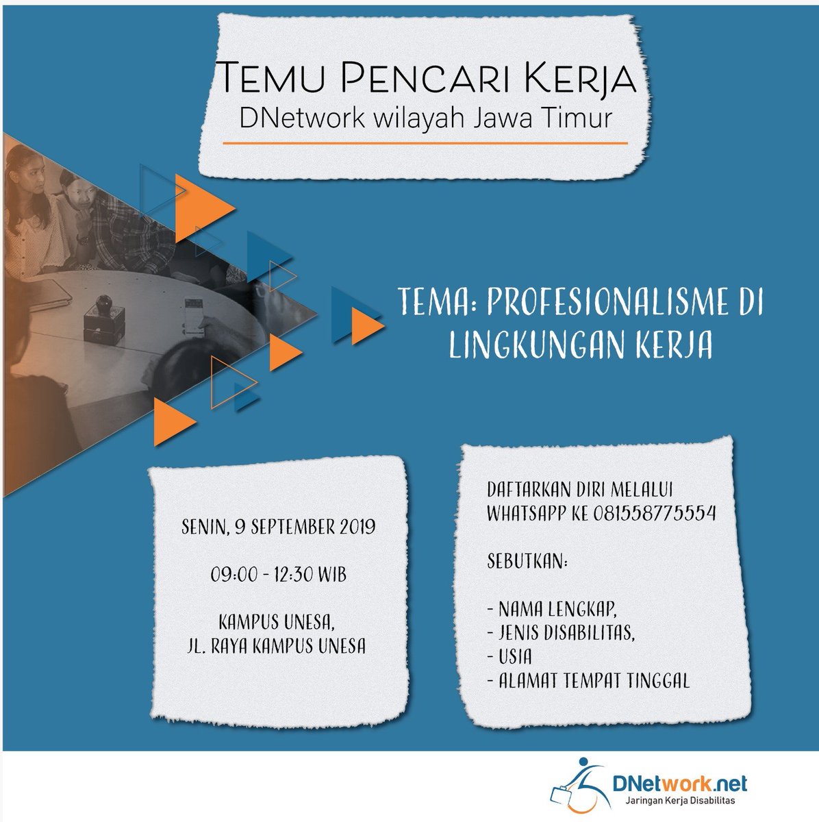 dnetworknews's tweet photo. Halo kawan-kawan pencari kerja disabilitas Jatim!
Ayo hadiri Temu Pencari Kerja DNetwork untuk wilayah Jatim.
Tema: Profesionalisme di Lingkungan Kerja
Peserta terbatas untuk 25 orang.
Berlangsung pada Senin, 9 September 2019
#TemuPencariKerja #DNetwork #Surabaya #UNESA https://t.co/4PsbAMYUaY