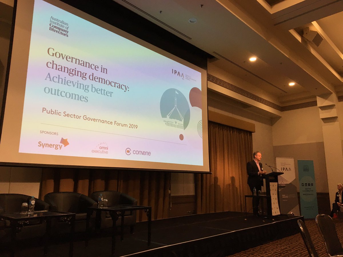 suzanneAICD's tweet photo. Mark Thirlwell AICD sums up #PSGF19 @AICDirectors @IPAAACT Governance in changing democracy. Big theme is trust ... digital, culture, ethics https://t.co/W1BHnc9LV5